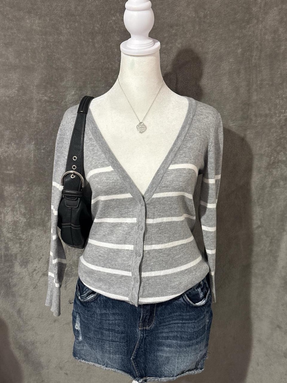 Preppy Grey and White Striped Button Down Cardigan